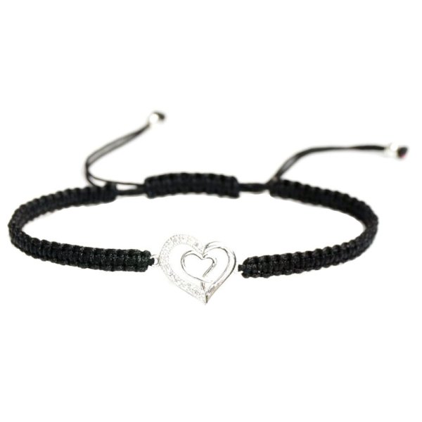 Sterling Silver Cubic Zirconia CZ Double Heart Love Black Hand Braided Adjustable Cord Bracelet