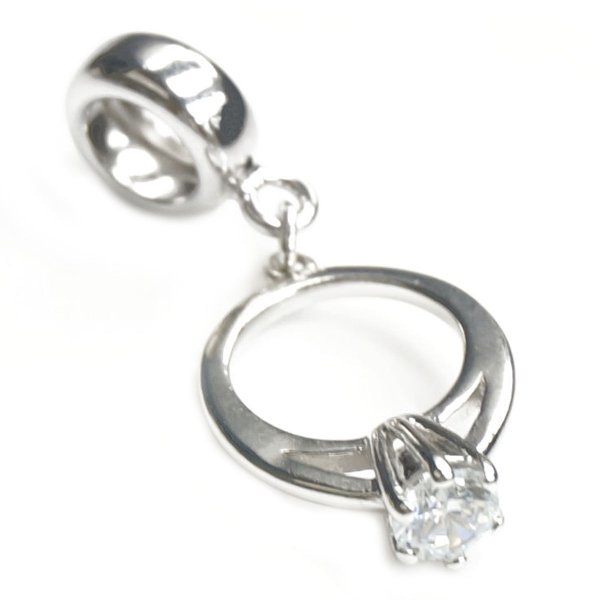Sterling Silver Engagement Ring Clear CZ Crystal Dangle Bead for Pandora Troll Chamilia Biagi European Charm Bracelets