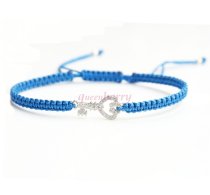 Sterling Silver Cubic Zirconia CZ Key w/ Love Blue Hand Braided Adjustable Cord Bracelet