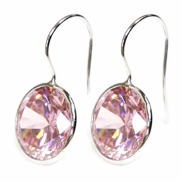2x Sterling Silver Round Cut Pink Rose CZ Solitaire Crystal French Hook Dangle Earring