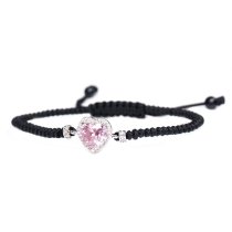 Sterling Silver Love Heart Light Pink Rose CZ Charm Knotted Braided Cord Wristband Adjustable Bracelet 6.5″