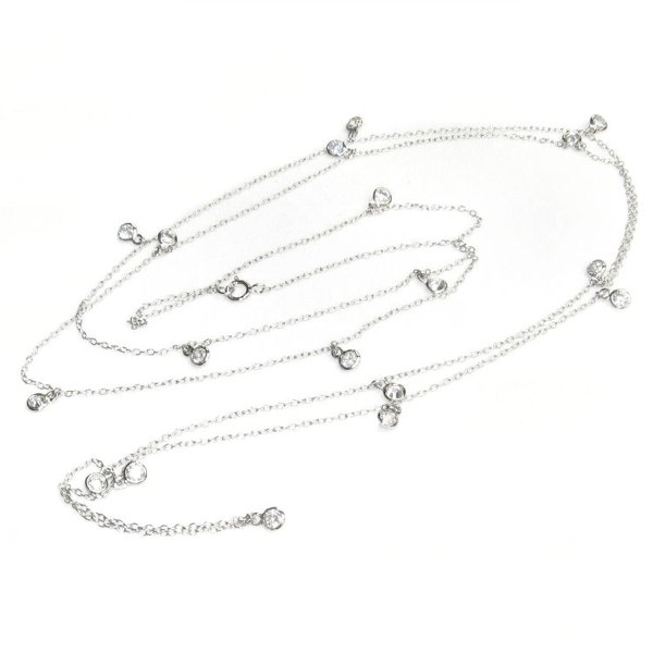 Sterling Silver Round Clear CZ Charm Link Rolo Cable Long Chain Station Necklace 40"