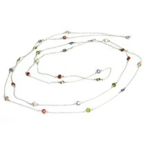 Sterling Silver Round Mixed CZ Charm Link Rolo Cable Long Station Chain Necklace 54″