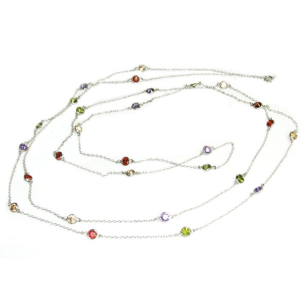 Sterling Silver Round Mixed CZ Charm Link Rolo Cable Long Station Chain Necklace 54"