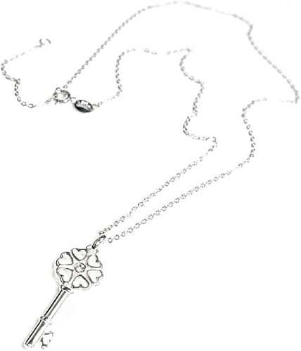 Sterling Silver Key for my Heart with Love Clear CZ Charm Pendant Oval Ring Rolo Link Cable Chain Necklace with Extender Spring Clasp 16" 18"