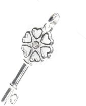 Sterling Silver Key for my Heart with Love Clear CZ Charm Pendant Oval Ring Rolo Link Cable Chain Necklace with Extender Spring Clasp 16" 18"