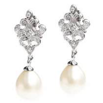 Sterling Silver Wedding Bridal Flower Clear CZ White Fresh Water Pearl Dangle Earring