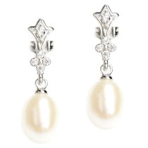 Sterling Silver Wedding Bridal CZ Crown White Fresh Water Pearl Dangle Earring