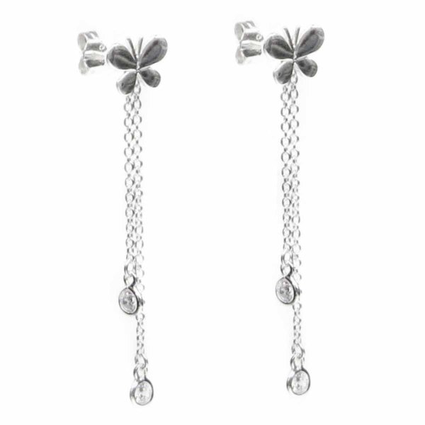 Sterling Silver Butterfly Round Clear CZ Dangle Drop Earring Posts