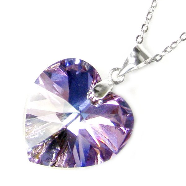 Swarovski Crystal Love Heart Vitrail Light Purple Pendant w/ Sterling Silver Adjustable Chain Necklace 16" with 2" Extender 18"