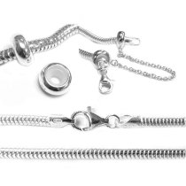 Sterling Silver 3mm Snake Bracelet w/ 1 Set Safety Chain and 2pcs Stopper for Pandora Troll Chamilia Biagi European Bead Charm 8.5″
