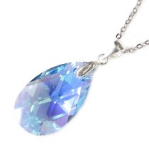 Swarovski Crystal Teardrop Aquamarine Blue AB Pendant Sterling Silver Adjustable Chain Necklace 16″ with 2″ Extender 18″
