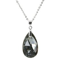 Swarovski Crystal Teardrop Silver Night Pendant Sterling Silver Adjustable Chain Necklace 16″ w/ 2″ Extender 18″
