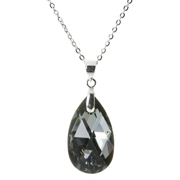 Swarovski Crystal Teardrop Silver Night Pendant Sterling Silver Adjustable Chain Necklace 16" w/ 2" Extender 18"