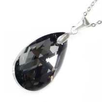 Swarovski Crystal Teardrop Silver Night Pendant Sterling Silver Adjustable Chain Necklace 16" w/ 2" Extender 18"