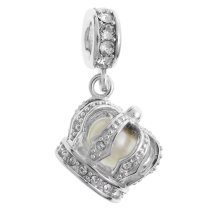 Rhodium-plated Sterling Silver Dangle Crown with White Freshwater Cultured Pearl European Bead Charm (4.5-5mm)