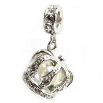Rhodium-plated Sterling Silver Dangle Crown with White Freshwater Cultured Pearl European Bead Charm (4.5-5mm)
