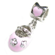 Rhodium on Sterling Silver Lovely Little Baby Girl 3-d Shoe Pink Rose Enamel Bead for Pandora Troll Chamilia Biagi European Charm Bracelets