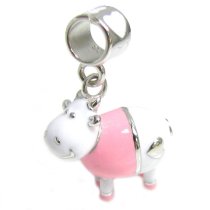 Sterling Silver Lovely Smile 3-d Cow w/ Happy Face Pink White Enamel Dangle Bead for Pandora Troll Chamilia Biagi European Charm Bracelets
