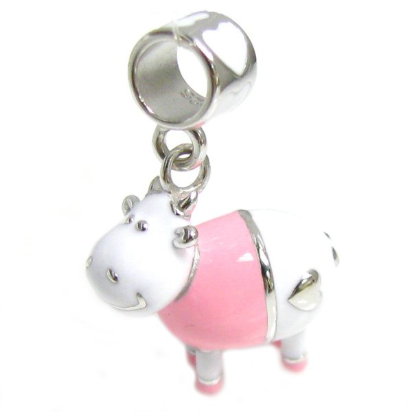 Sterling Silver Lovely Smile 3-d Cow w/ Happy Face Pink White Enamel Dangle Bead for Pandora Troll Chamilia Biagi European Charm Bracelets
