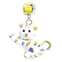 Sterling Silver Lovely 3-D White Cat w/ Heart Enamel Dangle Bead for Pandora Troll Chamila Biagi European Charm Bracelets