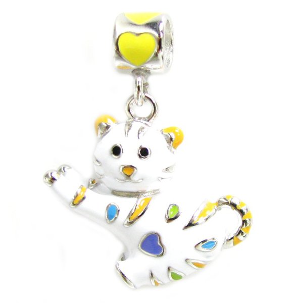 Sterling Silver Lovely 3-D White Cat w/ Heart Enamel Dangle Bead for Pandora Troll Chamila Biagi European Charm Bracelets