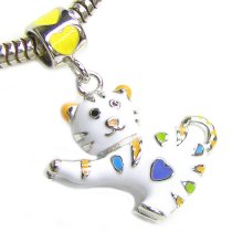 Sterling Silver Lovely 3-D White Cat w/ Heart Enamel Dangle Bead for Pandora Troll Chamila Biagi European Charm Bracelets