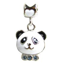 Sterling Silver Lovely Black and White Enamel Panda w/ Love Aquamarine CZ Dangle Bead for Pandora Troll Chamilia Biagi European Charm Bracelets