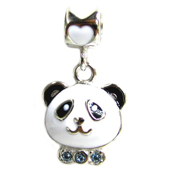 Sterling Silver Lovely Black and White Enamel Panda w/ Love Aquamarine CZ Dangle Bead for Pandora Troll Chamilia Biagi European Charm Bracelets