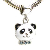 Sterling Silver Lovely Black and White Enamel Panda w/ Love Aquamarine CZ Dangle Bead for Pandora Troll Chamilia Biagi European Charm Bracelets