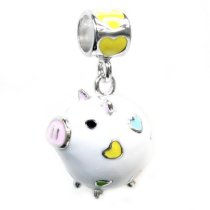 Sterling Silver Lovely Fat White Pig w/ Love Heart Enamel Bead for Pandora Troll Chamilia Biagi European Charm Bracelets
