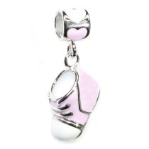 Sterling Silver Lovely Baby Girl Shoe Pink Rose Enamel Dangle Bead for Pandora Troll Chamilia Biagi European Charm Bracelets