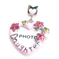 Rhodium on 925 Sterling Silver Lovely Heart Daughter Picture Frame Pink Rose Enamel Dangle Family Bead for Pandora Troll Chamilia Biagi European Charm Bracelets