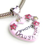 Rhodium on 925 Sterling Silver Lovely Heart Daughter Picture Frame Pink Rose Enamel Dangle Family Bead for Pandora Troll Chamilia Biagi European Charm Bracelets