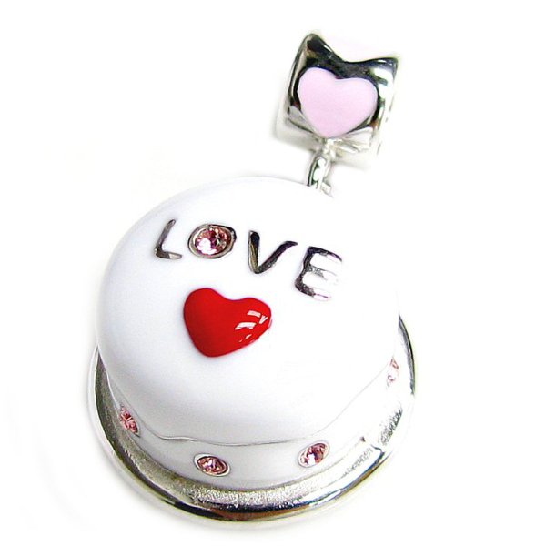 Sterling Silver 3-D Birthday Cake w/ Red Heart Love Pink Rose CZ Enamel Dangle Bead for European Charm Bracelets