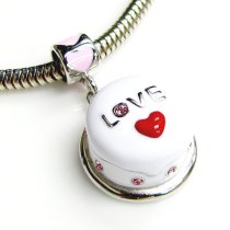 Sterling Silver 3-D Birthday Cake w/ Red Heart Love Pink Rose CZ Enamel Dangle Bead for European Charm Bracelets