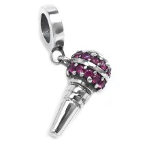 Antique 925 Sterling Silver Microphone w/ Rose Pink CZ Dangle Music Bead for Pandora Troll Chamilia Biagi European Charm Bracelets