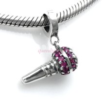 Antique 925 Sterling Silver Microphone w/ Rose Pink CZ Dangle Music Bead for Pandora Troll Chamilia Biagi European Charm Bracelets
