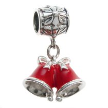 Antique 925 Sterling Silver Christmas Jingle Bells Red Enamel 3-D Dangle Bead for Pandora Troll Chamilia Biagi European Charm Bracelets