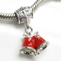 Antique 925 Sterling Silver Christmas Jingle Bells Red Enamel 3-D Dangle Bead for Pandora Troll Chamilia Biagi European Charm Bracelets