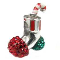 Sterling Silver Christmas Gift Sock Stocking Candy Cane w/ Red Green Crystal Bead for Pandora Troll Chamilia Biagi European Charm Bracelets