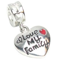 Sterling Silver I Love My Family Red Heart Happy Dangle Bead for Pandora Troll Chamilia Biagi European Charm Bracelets
