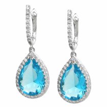 Aquamarine Blue Glass Teardrop with Clear CZ Crystal 925 Sterling Silver Huggie Earrings
