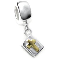 14k Gold on Sterling Silver Holy Bible Cross Dangle Bead for Pandora Troll Chamilia European Charm Bracelets