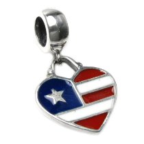 Sterling Silver American Flag USA Heart Dangle Patriotic Blue Red White Bead for Pandora Troll Chamilia Biagi European Charm Bracelets