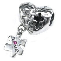 Sterling Silver Love Puzzle Heart Hot Pink Crystal Dangle Bead for Pandora Troll Chamilia Biagi European Charm Bracelets