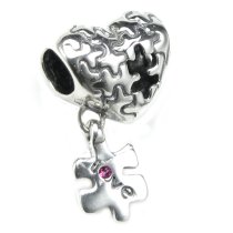 Sterling Silver Love Puzzle Heart Hot Pink Crystal Dangle Bead for Pandora Troll Chamilia Biagi European Charm Bracelets