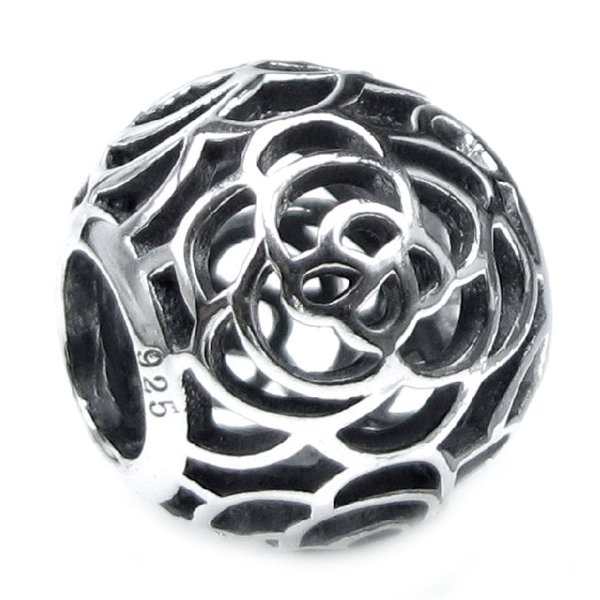 Antique Sterling Silver Round Rose Flower Filigree Bead for Pandora Troll Chamilia Biagi European Charm Bracelets