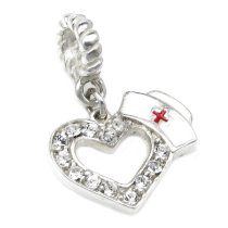 .925 Sterling Silver Heart Love with Nurses Cap Hat Clear Crystal Red Enamel Rn Cross Dangle Bead for Pandora Troll Chamilia Biagi European Charm Bracelets