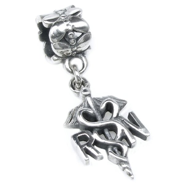 Antique .925 Sterling Silver Registered Nurse RN Logo Symbol Flower Dangle Bead for Pandora Troll Chamilia Biagi European Charm Bracelets